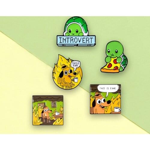 Cute Animals Pins Hiding Cat Pizza Turtle Calm Dog Enamel Metal Pins Fun Brooches Badges Lapel Clothes Pins Women Jewelry Gifts