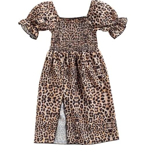 Fashion Girls Long Slit Dress Brown Leopard Printed Pattern Short Sleeve Square Collar Dresses Summer Children Clothing