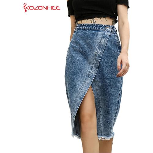 Fashion Asymmetrical Denim Skirts With High Waist Women Split Knee-Length Pencil Skirt for Female #73
