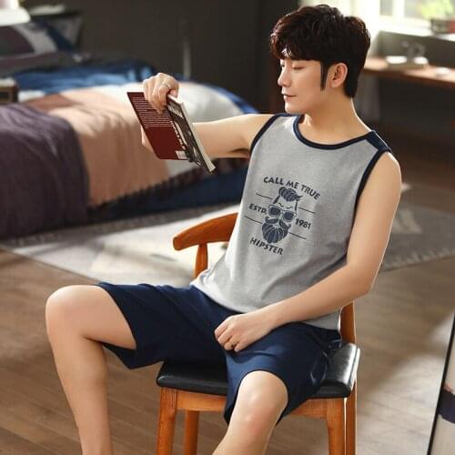 Boy Male Vest Pants Shorts Pajamas Sport Sleeveless Vest Pant Pyjamas Sleepwear Nightwear ElasticWaist Mans Jams PUREcotton HDE