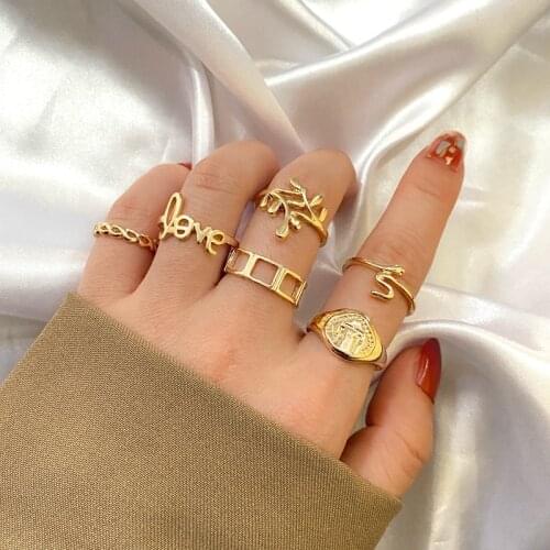 FAMSHIN 6pcs/set Luxury Leaf Gold Color Ring Sets For Women Men Love letter Rings Hollow Geometric Snake Bohemian Jewelry Gift