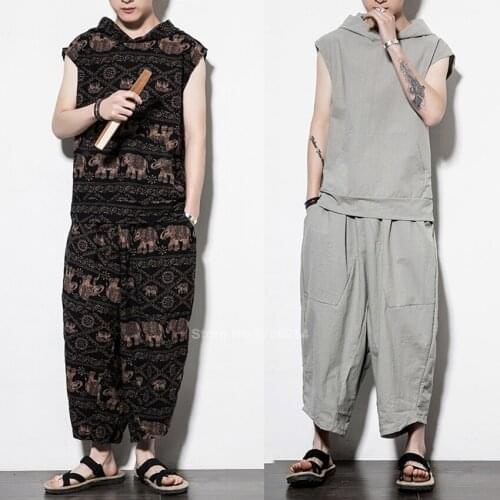 Casual Japanese Samurai Man Kimono Set Summer Linen Breathable Hooded T-shirt Wide Leg Pants Suit Harajuku American Outfits