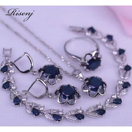 Romantic Style Blue Stone Silver Color Jewelry Set For Women Drop Earrings Ring Necklace Bracelet Set Free Shipping