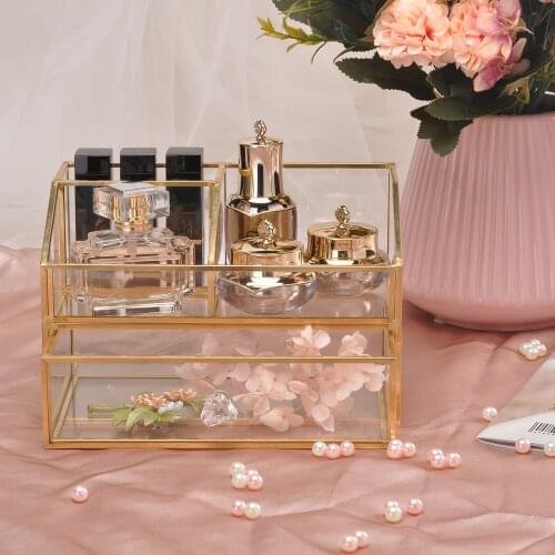 Luxury Glass Box Clear Glass Gold Tone Metal Jewelry Storage Case Cosmetic