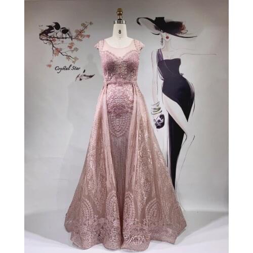 Dubai Pink Luxury Long Elegant Evening Dresses 2021 Crystal Mermaid Evening Gowns For Women Party HO1038