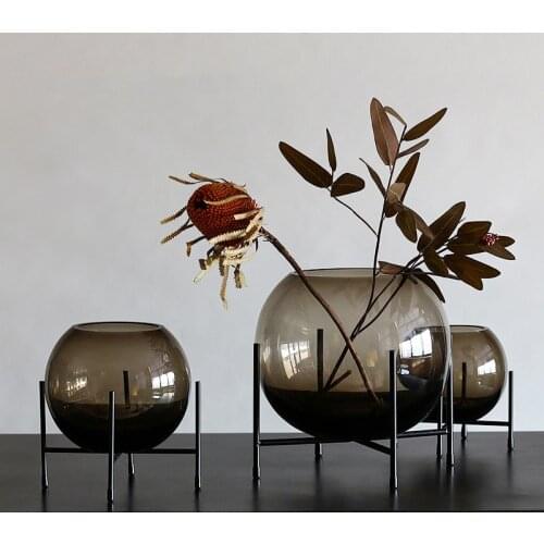Nordic Grey Vase Art Vases With Metal Shelf Living Room Decor Ornament Top Quality Glass Pots Office Decoration Wedding Gifts