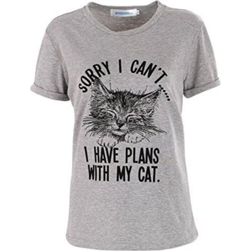 Women O-Neck Short Sleeve Summer Cotton T-Shirt Lovely Cat Print O-Neck Solid Color Tops Female White Grey