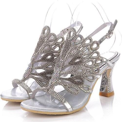 New Summer Cashmere Stiletto Heel Diamond Thick With Dress Silver Sandals Wedding Party Evening High Heeled Shoes For Ladies