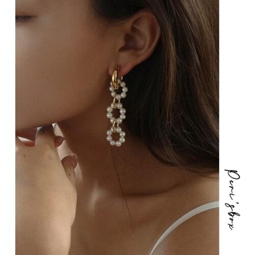 Perisbox Triple Circle Pearls Long Earrings For Women French Elegant Shell Pearl Handmade Wedding Bridal Earrings Jewelry