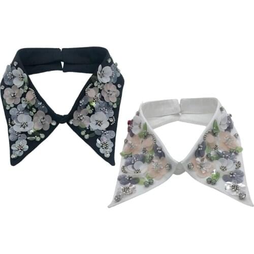 Women Elegant Sequins Floral Lapel False Fake Collar Handmade Beaded Jewelry Detachable Necklace Choker Decorative Clothes Acce