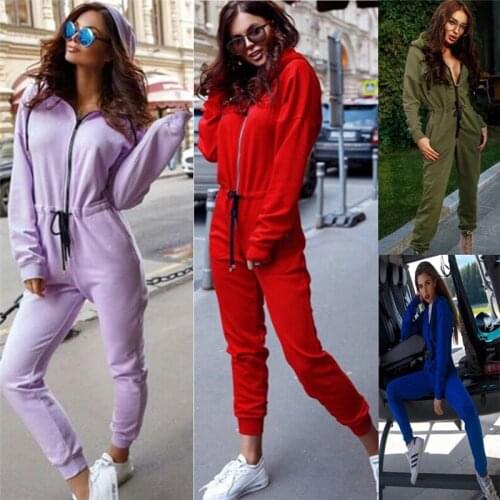 Fashion Autumn Winter Womens Zipped Up Jumpsuit Long Sleeve Women Rompers Casual Solid Hoodie Jumpsuit