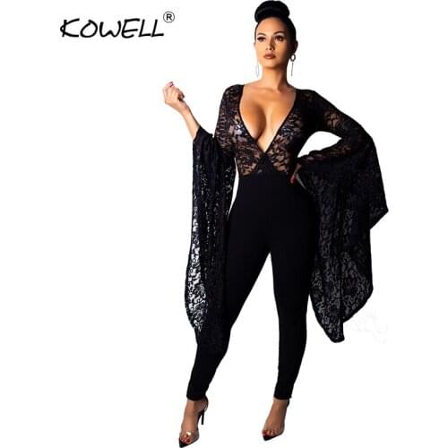 Hot Sale Women Jumpsuit Romper Deep-V Irregular Sleeve Sexy Bodycon Overalls Street Ladies Perspective Party Lace Long Jumpsuits