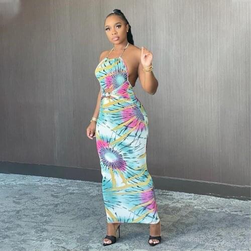 Printed Halter Neck Lace Up Skinny Slim Fit Long Dress for Women Sexy Hollow Out Maxi Vestidos Backless Bodycon Sheath Dresses