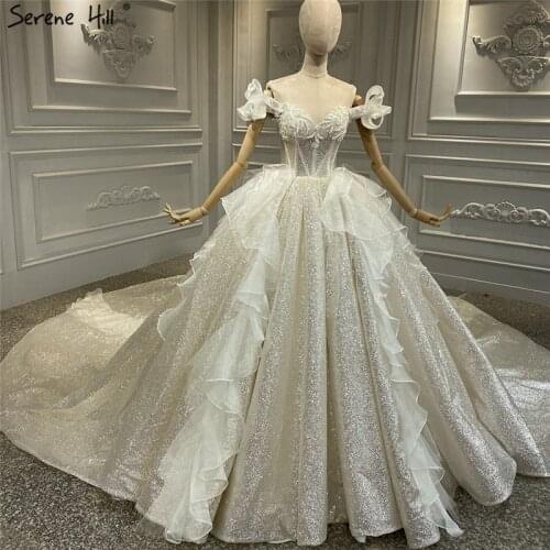 Serene Hill Champagne Vintage Glitter Luxury Wedding Dress 2020 Off Shoulder Beading Pearls Bridal Gown Custom Made CHA2315