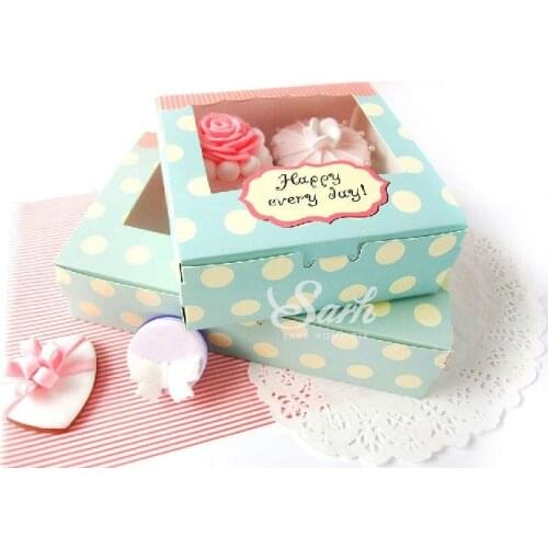 10pcs Lovely Green Happy Everyday Spot Macarons Box Cake Box Chocolate Muffin Biscuits Box for Cookie Package 13.5x13.5x5cm