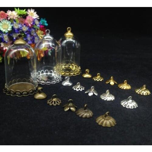 100sets/lot 30*20 wholesale clear bell jar shape glass globe double lace tray cap set glass cover vial diy pendant jewelry gifts