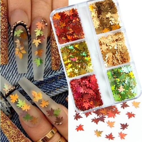 6 Grids 3D Maple Leaves Nail Art Sequin Glitter Holographic Gold Red Paillette Flake Autumn Decor Manicure Nails Decoration