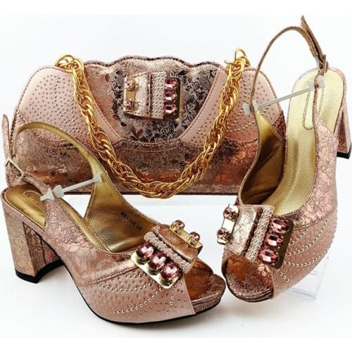 African Design Metal With Crystal Fashion Shoes And Bag Set Bag Set Square Heel Woman Shoes And Bag Set For Party Dress