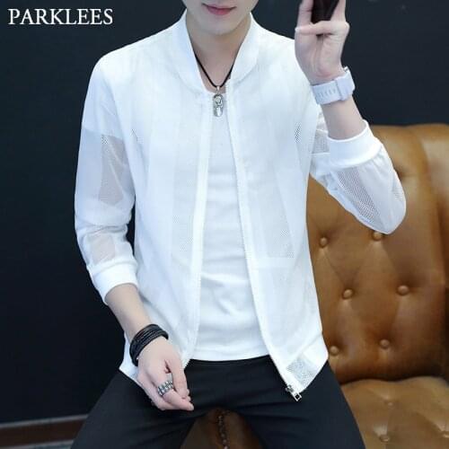 White Mesh Fishnet Mens Jackets and CAoats 2020 Summer Breathable Casual Lightweight Baseball Jacket Men Boy Chaqueta Hombre