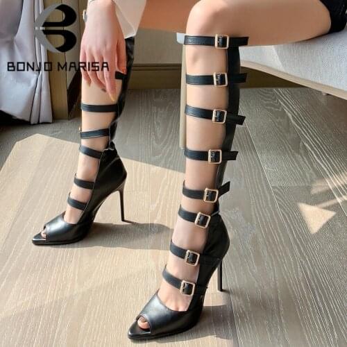 BONJOMARISA 2020 New Lady Summer Sexy Knee High Sandals High Heels Gladiator Sandals Women Pointed Toe Summer Date Shoes Woman