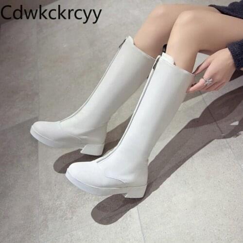 Winter The New fashion Round head Fang He High tube Martin boots white Front zipper Plus velvet Keep warm High heel Women boots