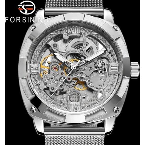 FORSINING Automatic Mechanical Men Wristwatch Sport Male Clock Top Brand Luxury Skeleton Silver Waterproof Man Watch Gift 8227