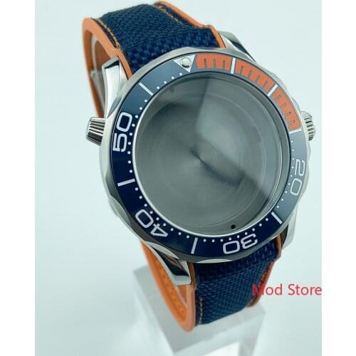 HOT 20ATM WR Blue 1/4 Orange Ceramic Bezel Diver Watch Case Strap Fit For Seagull2836 ETA2836 Movement Sea-Master Style
