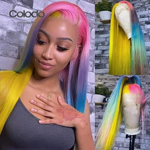 Colored Human Hair Lace Frontal Wigs Yellow Rainbow Ombre Wig Human Hair Transparent Lace Wigs For Women Human Hair Brazilian