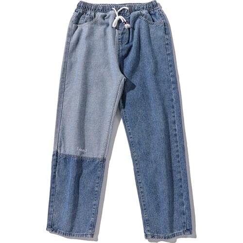 Women Hip Hop Harem Pants Men Korean Patchwork Blue Jeans 2021 Mens Embroidery Streetwear Black Baggy Denim Pants