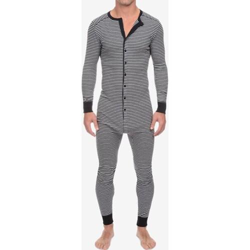 INCERUN Men Striped Jumpsuit Homewear Skinny Leisure Long Sleeve O Neck Button Rompers Sleepwear Comfortable Mens Overalls S-5XL