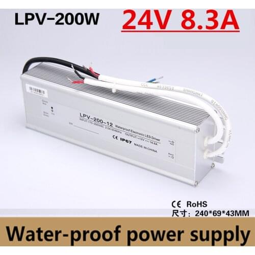 IP67 200W 24V 8.3A Waterproof LED Driver outdoor use for led strip power supply Lighting Transformer 220v/24v constant voltage