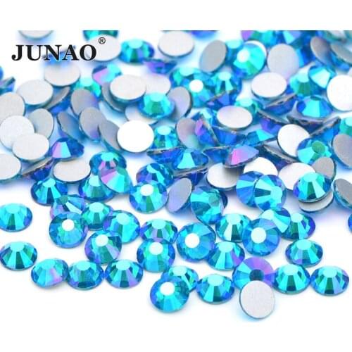 JUNAO SS16 SS20 Blue Zircon Glitter AB Glass Nail Rhinestone Appliques Flat Back Crystal Stickers Glass Strass Stones For Crafts