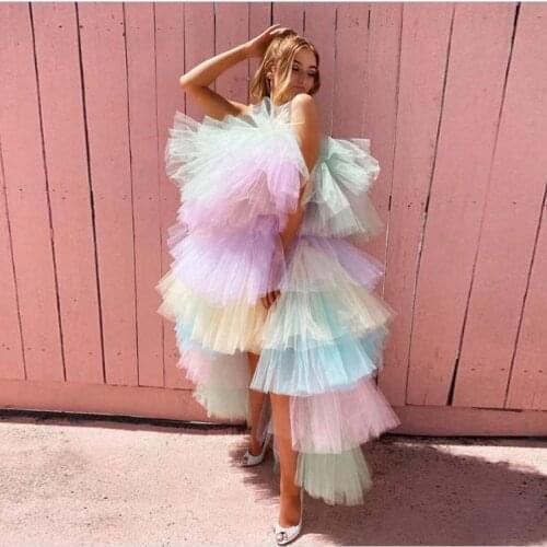 Beautuful Cute Colorful Ruffles Long Tulle Dress Women Kawaii Party Dress Summer Dress Off The Shoulder Fashion High Low Dress