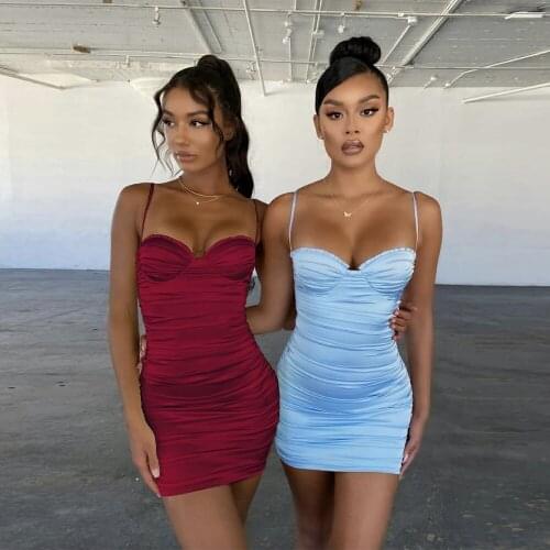 Summer Womens Dress Party Clubwear 2021 Spaghetti Strap Backless Mini Wrap Ruched Slim Bodycon Sexy Dress for Women