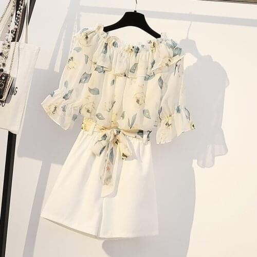 Summer Chiffon Blouse + Shorts Sets Womens Temperament Slim Two Piece Set Women Large Size Chiffon Shirts Set Ladies Shorts Set