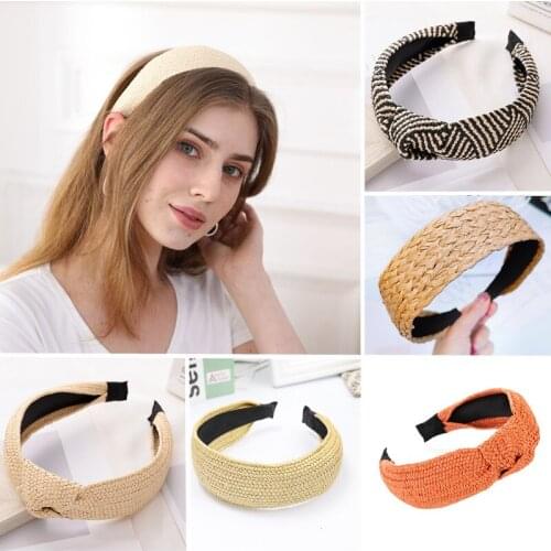 2021 Fashion Summer Straw Cross Knotted Hairband Bezel Headband For Women Girls Handmade Twist Hair Hoop Band Hair Accessories