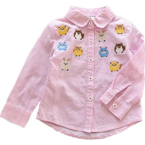 2020 Autumn And Winter Clothes New Girls Korean Version Of Long-Sleeved Shirt Owl Cartoon Lapel Striped Boys And Girls Jersey