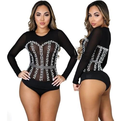 Casual Beads Women Bodysuit Full Sleeve Party Night Clubwear Short Rompers Womens Jumpsuit Overalls Outfit