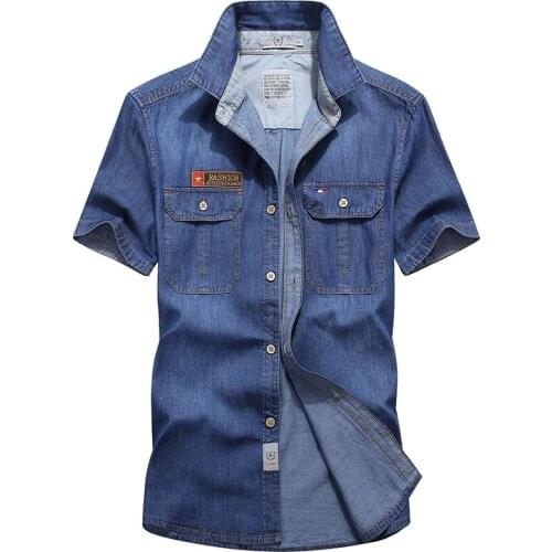New Short Sleeve Denim Shirt Men Blouse Oversize Summer Solid Pure Cotton Vintage mens Shirts brand clothing