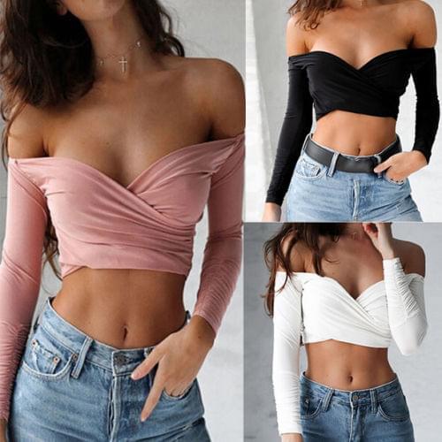 Women Slim Off Shoulder Shirt Crop Tops Long Sleeve Blouse Sexy V-neck Short Skinny Shirt Summer Autumn Shirt
