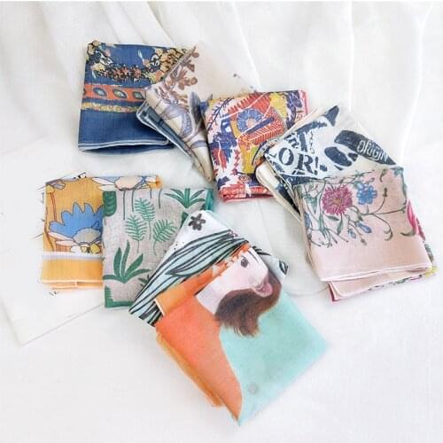 Square Scarf Cotton Linen Small Neckerchief Female Thin Headscarf Headband Vintage All-match 58*58cm Bandanas Women Scarf 1Pcs