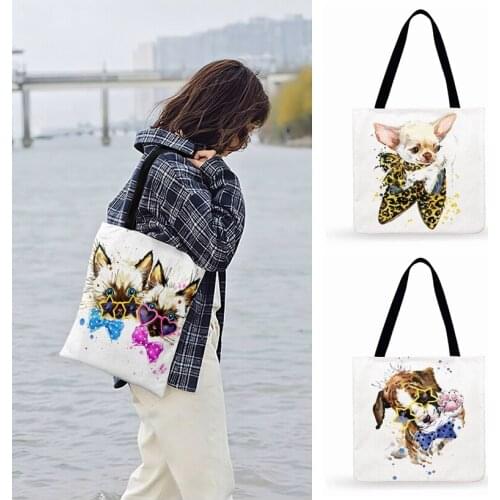 Foldable Shopping Bag Watercolor Kitten Puppy Art Print Tote Bag For Woman Casual Tote Outdoor Beach Bags Ladies Shoulder Bag