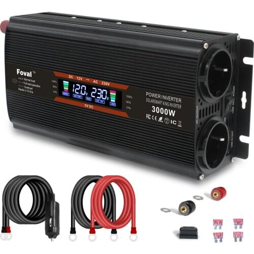 3000W Replaceable Fuse Inverter DC 12V/24V to AC 220V 230V LCD Voltage Display Solar Power Voltage Converter Dual EU Socket