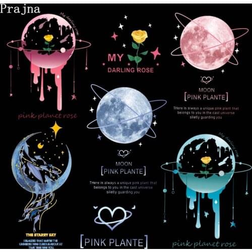 Space Heat Transfer Thermal Stickers Pink Planet Rose Applique Clothing Thermoadhesive Patches Iron-On Tansfers For Clothing DIY