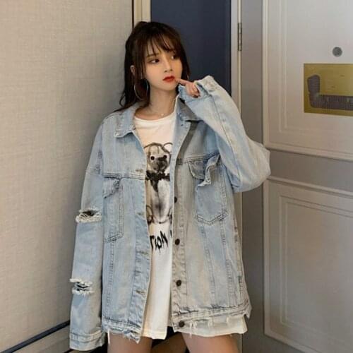 Spring Autumn 2021 Loose Vintage Light blue Frayed Hole Denim Jacket Women Oversized Coat Casual Streetwear Jeans Jacket Female
