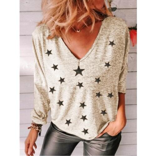 Autumn Fashion Casual Stars Printed Cotton Women T-Shirt V Neck Long Sleeve Ladies Pullovers Spring Loose Oversized Female Tops