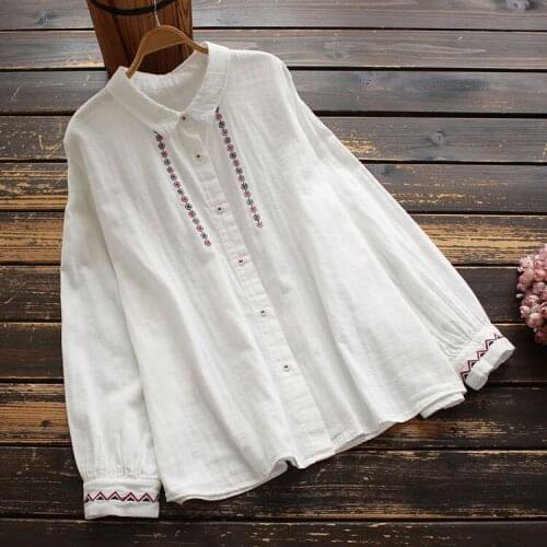 8606 New Spring Women Tops Japan Style Mori Girl Literary Long Sleeve Turndown Collar White Loose Embroidery Cotton Shirt