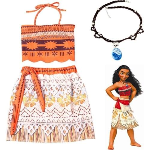 Girl Moana Dress Necklace Toddler Kids Clothing Princess Moana Costume Vaiana Sling Tops Dress Set Clothes Halloween Costumes