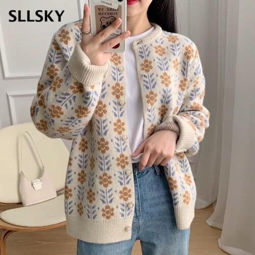 SLLSKY Floral Print Women Cardigan Knitted Sweater Long Sleeve Retro Outwear Cardigan Autum Winter O Neck Short Female Sweater