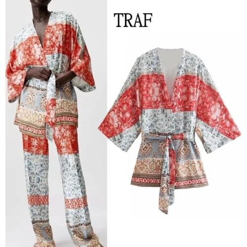TRAF Za Woman 2021 Y2k Print Kimono Cardigan Shirt Blouse Women With Belt Long Sleeve Vintage Top Female Summer Beach Kimono